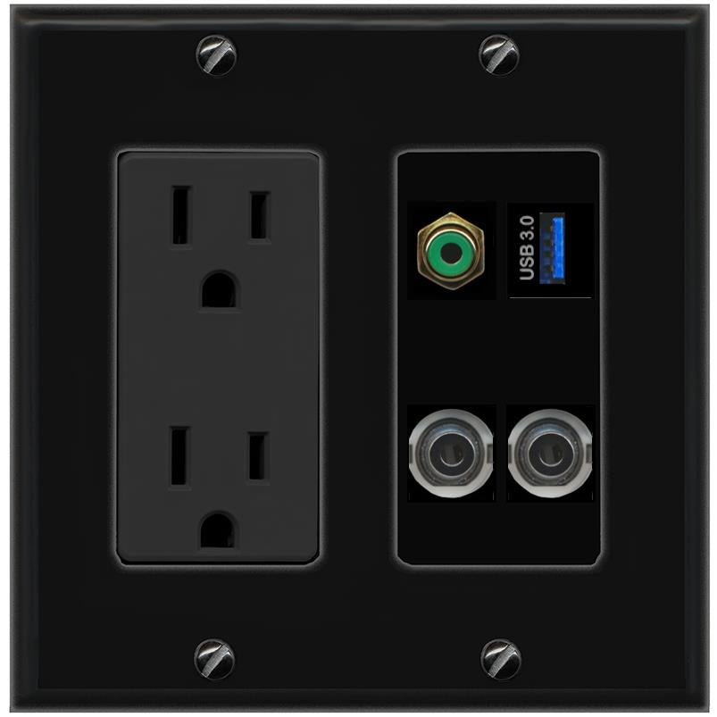 2 3.5mm RCA-GREEN USB-3 Wall Plate [Black]