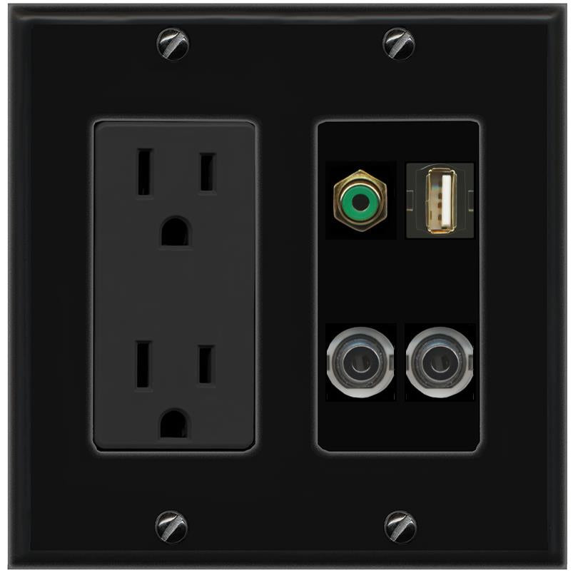 2 3.5mm RCA-GREEN USB2 Wall Plate [Black]