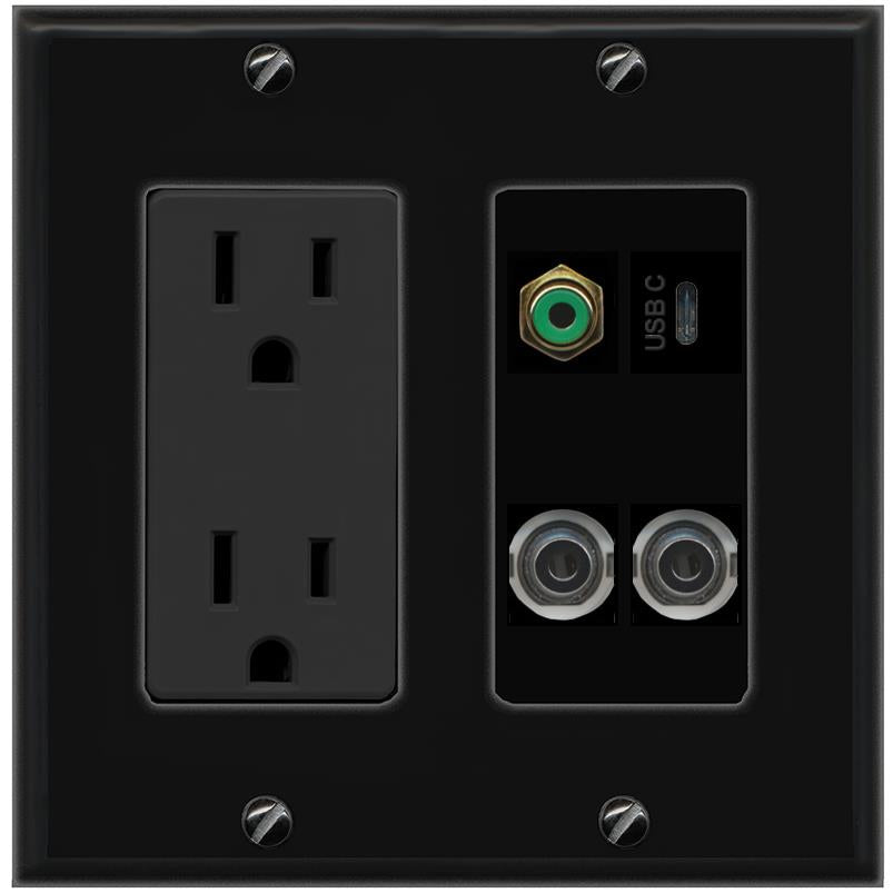 2 3.5mm RCA-GREEN USBC Wall Plate [Black]