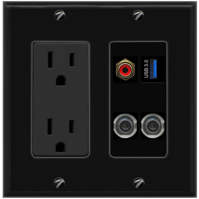 2 3.5mm RCA-RED USB-3 Wall Plate [Black]