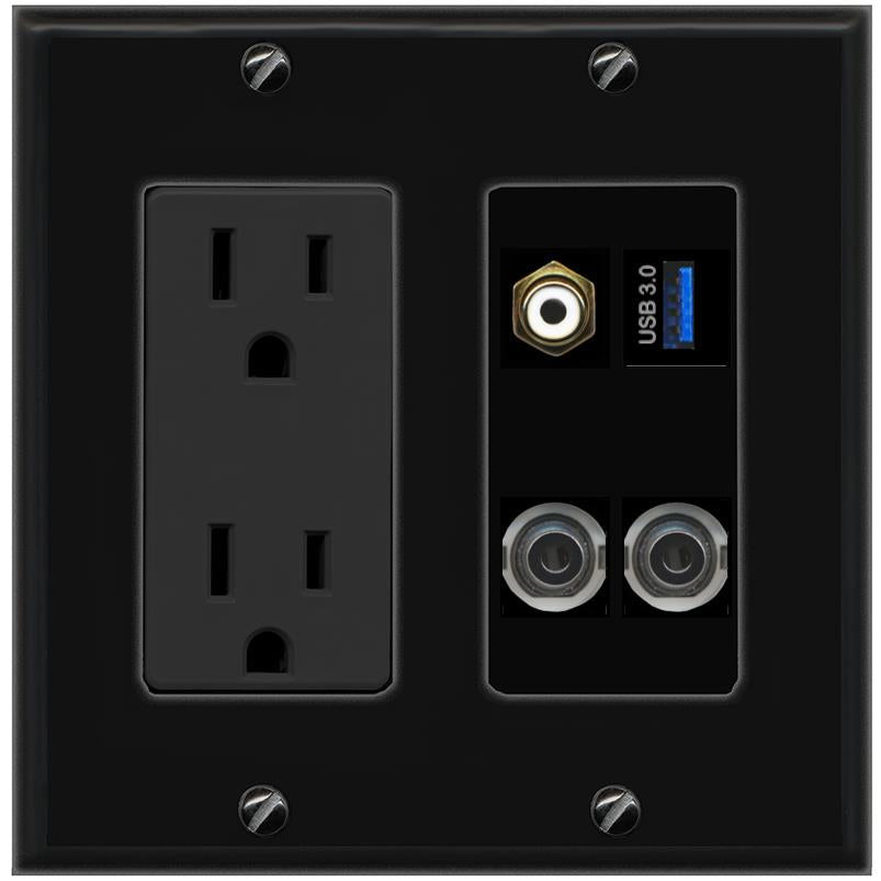 2 3.5mm RCA-WHITE USB-3 Wall Plate [Black]