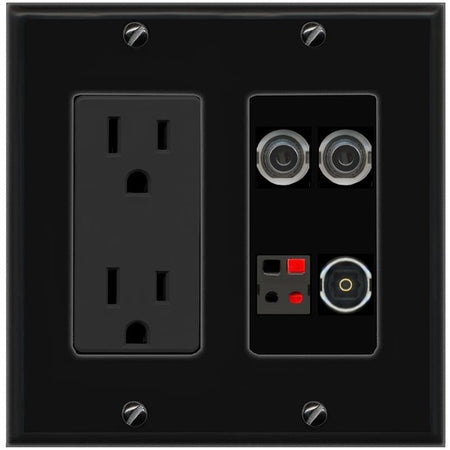 RiteAV 2 3.5mm SPEAKER TOSLINK Wall Plate with 15A Power Outlet [Black]