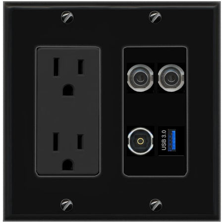RiteAV 2 3.5mm TOSLINK USB-3 Wall Plate with 15A Power Outlet [Black]