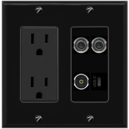RiteAV 2 3.5mm TOSLINK USBC Wall Plate with 15A Power Outlet [Black]