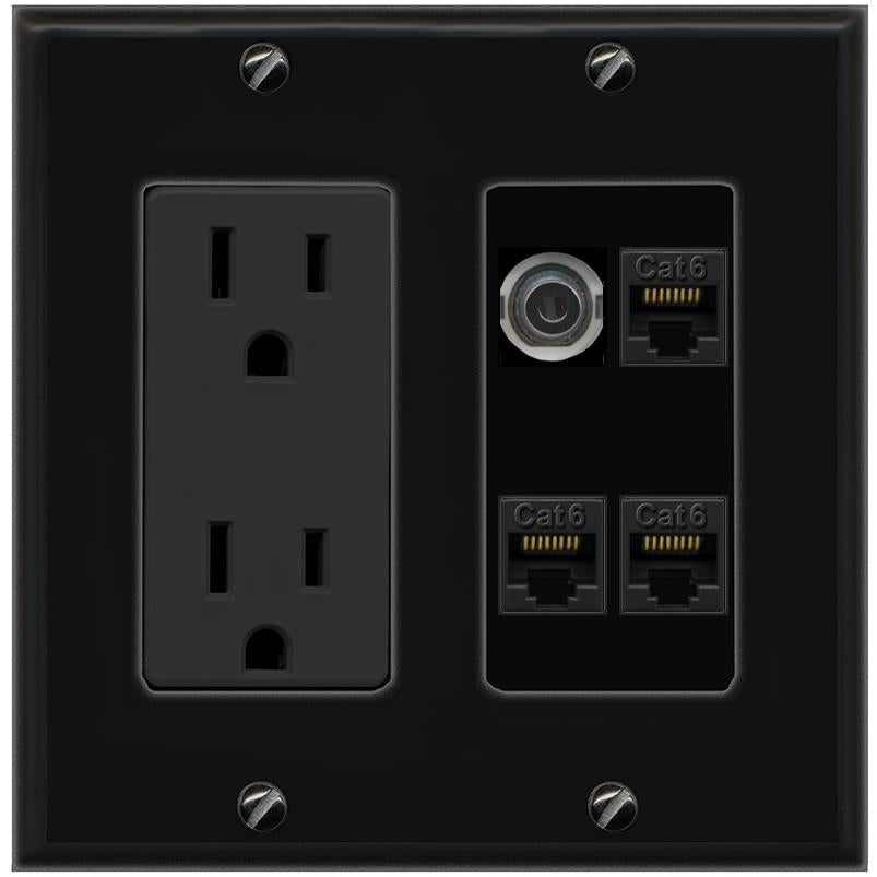RiteAV 3.5mm 3 CAT6 Wall Plate with 15A Power Outlet [Black]