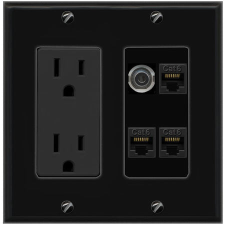 RiteAV 3.5mm 3 CAT6 Wall Plate with 15A Power Outlet [Black]