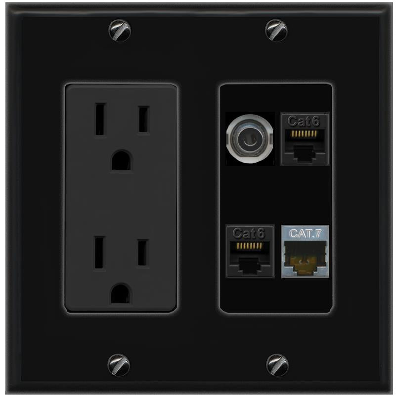 RiteAV 3.5mm 2 CAT6 CAT7 Wall Plate with 15A Power Outlet [Black]