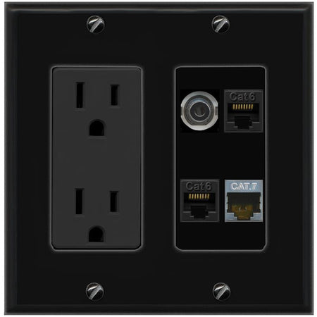 RiteAV 3.5mm 2 CAT6 CAT7 Wall Plate with 15A Power Outlet [Black]