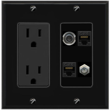 RiteAV 3.5mm 2 CAT6 COAX Wall Plate with 15A Power Outlet [Black]
