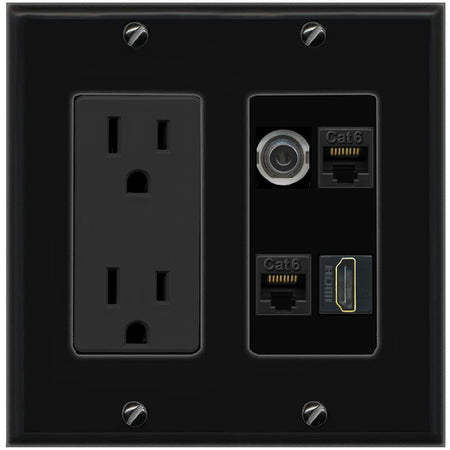 RiteAV 3.5mm 2 CAT6 HDMI Wall Plate with 15A Power Outlet [Black]