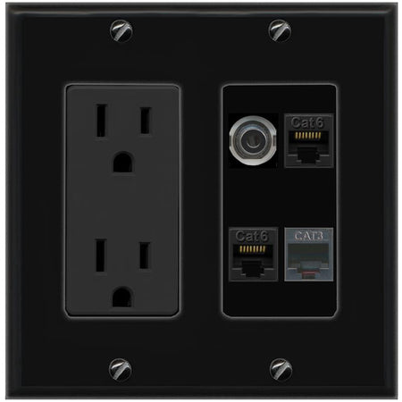 RiteAV 3.5mm 2 CAT6 PHONE Wall Plate with 15A Power Outlet [Black]