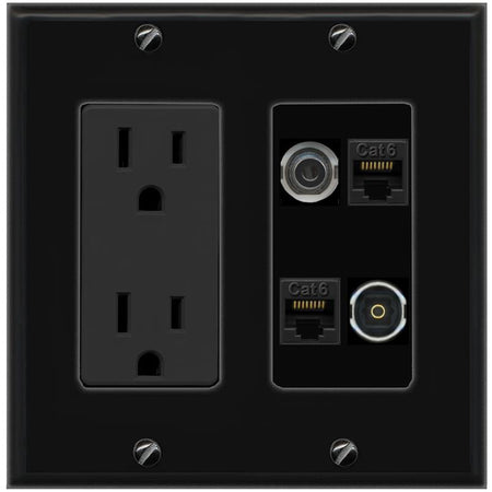 RiteAV 3.5mm 2 CAT6 TOSLINK Wall Plate with 15A Power Outlet [Black]