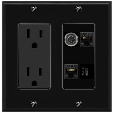 RiteAV 3.5mm 2 CAT6 USBC Wall Plate with 15A Power Outlet [Black]