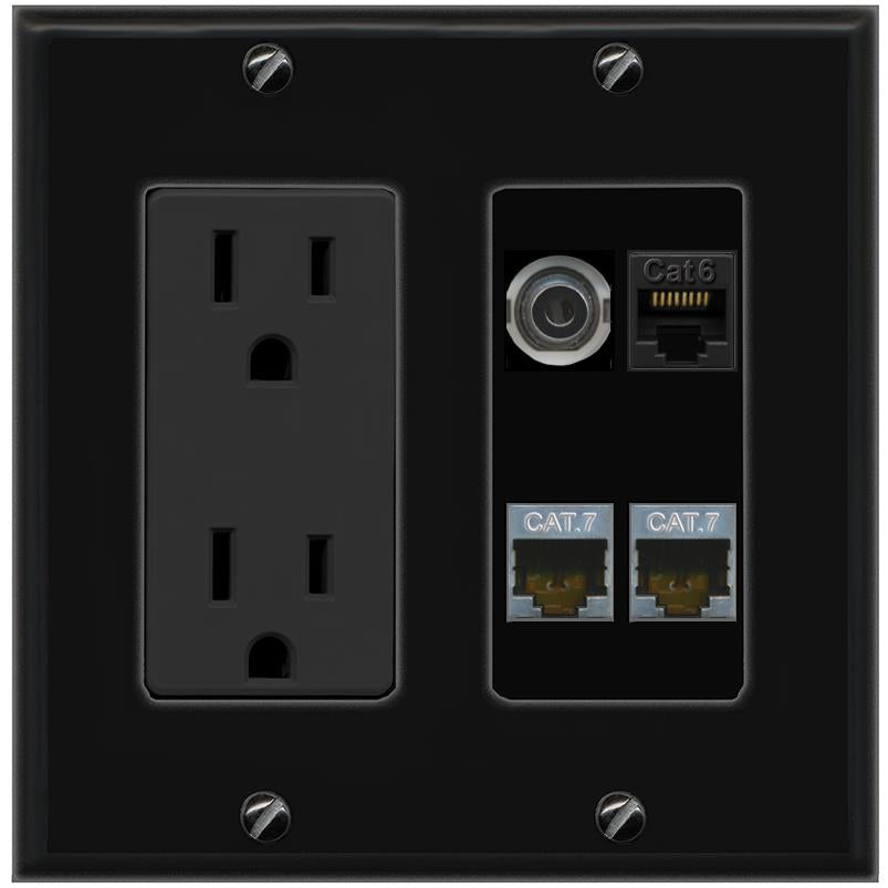RiteAV 3.5mm CAT6 2 CAT7 Wall Plate with 15A Power Outlet [Black]