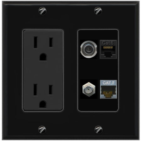RiteAV 3.5mm CAT6 CAT7 COAX Wall Plate with 15A Power Outlet [Black]