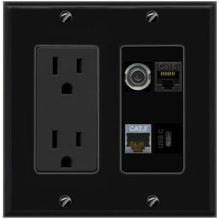 RiteAV 3.5mm CAT6 CAT7 USBC Wall Plate with 15A Power Outlet [Black]