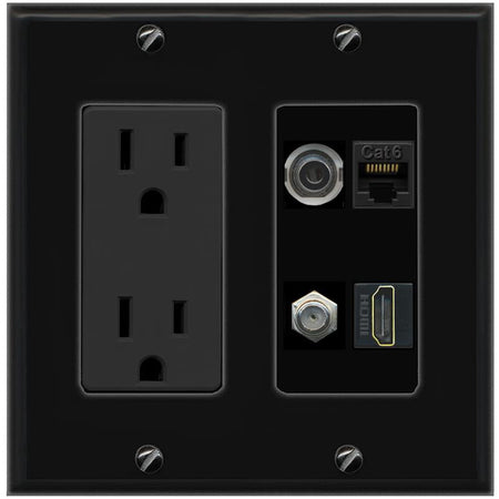 RiteAV 3.5mm CAT6 COAX HDMI Wall Plate with 15A Power Outlet [Black]