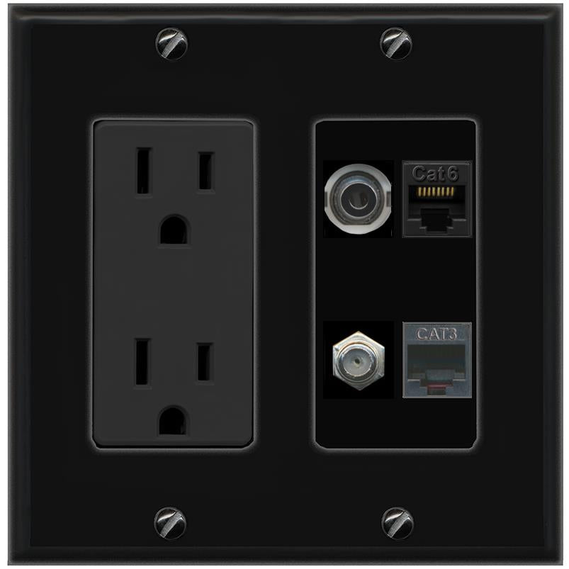 RiteAV 3.5mm CAT6 COAX PHONE Wall Plate with 15A Power Outlet [Black]