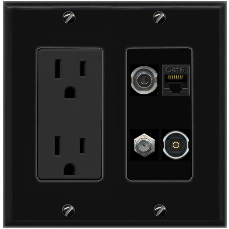 RiteAV 3.5mm CAT6 COAX TOSLINK Wall Plate with 15A Power Outlet [Black]