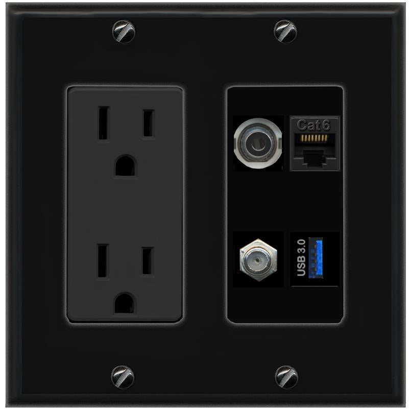 RiteAV 3.5mm CAT6 COAX USB-3 Wall Plate with 15A Power Outlet [Black]