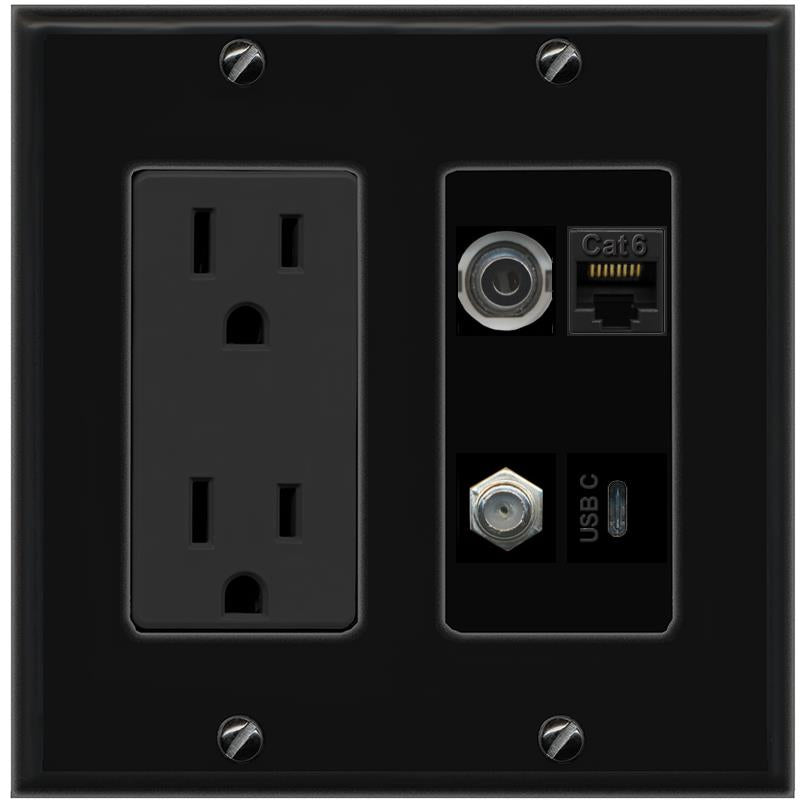 RiteAV 3.5mm CAT6 COAX USBC Wall Plate with 15A Power Outlet [Black]