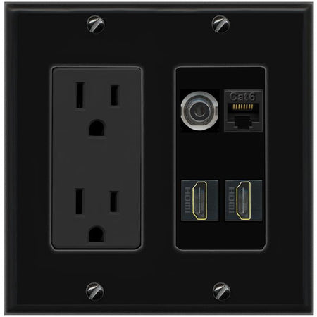 RiteAV 3.5mm CAT6 2 HDMI Wall Plate with 15A Power Outlet [Black]