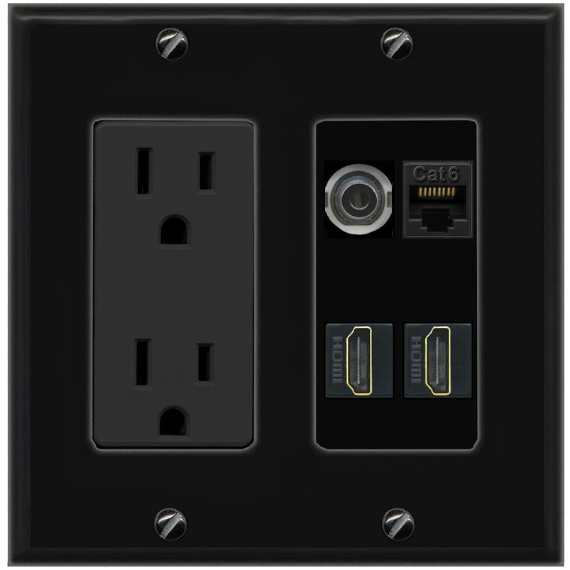 RiteAV 3.5mm CAT6 2 HDMI Wall Plate with 15A Power Outlet [Black]
