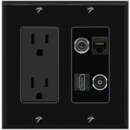 RiteAV 3.5mm CAT6 HDMI TOSLINK Wall Plate with 15A Power Outlet [Black]