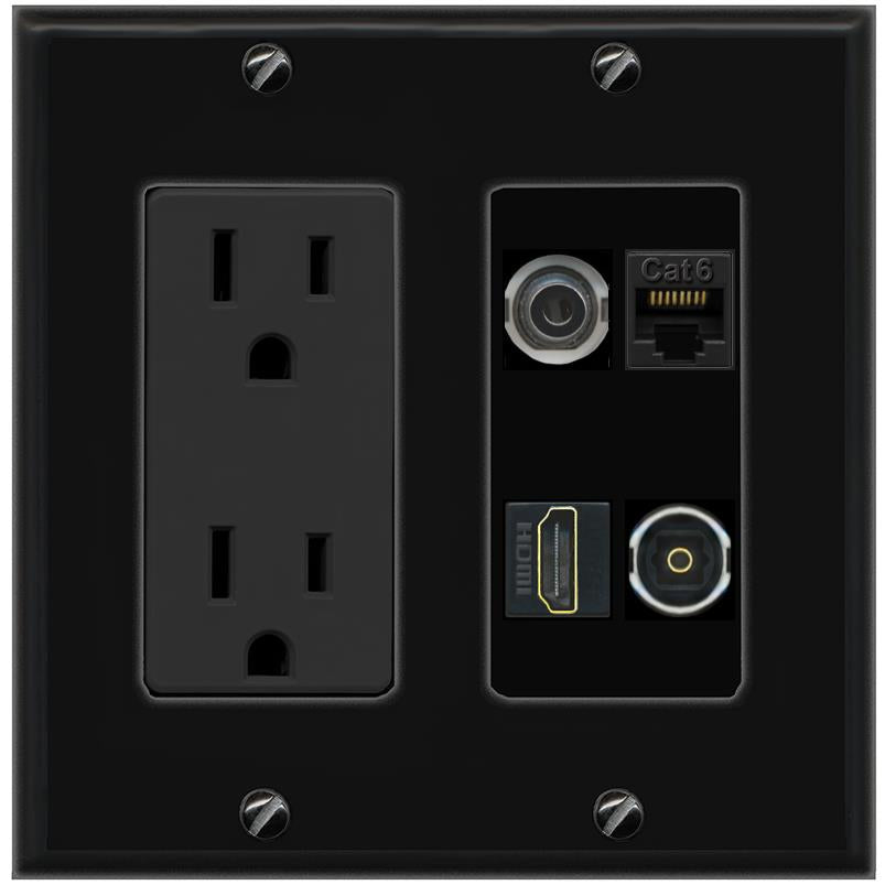 RiteAV 3.5mm CAT6 HDMI TOSLINK Wall Plate with 15A Power Outlet [Black]