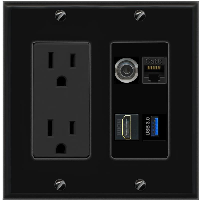 RiteAV 3.5mm CAT6 HDMI USB-3 Wall Plate with 15A Power Outlet [Black]