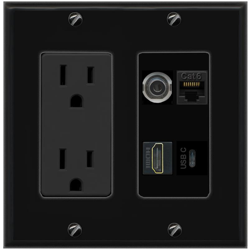 RiteAV 3.5mm CAT6 HDMI USBC Wall Plate with 15A Power Outlet [Black]