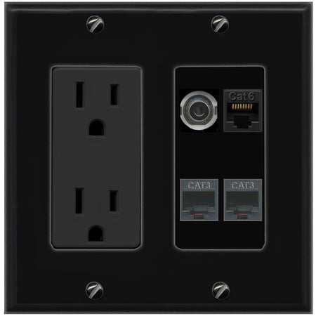 RiteAV 3.5mm CAT6 2 PHONE Wall Plate with 15A Power Outlet [Black]