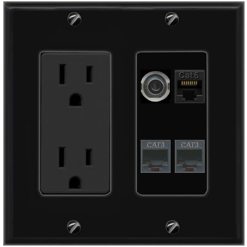 RiteAV 3.5mm CAT6 2 PHONE Wall Plate with 15A Power Outlet [Black]