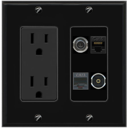 RiteAV 3.5mm CAT6 PHONE TOSLINK Wall Plate with 15A Power Outlet [Black]