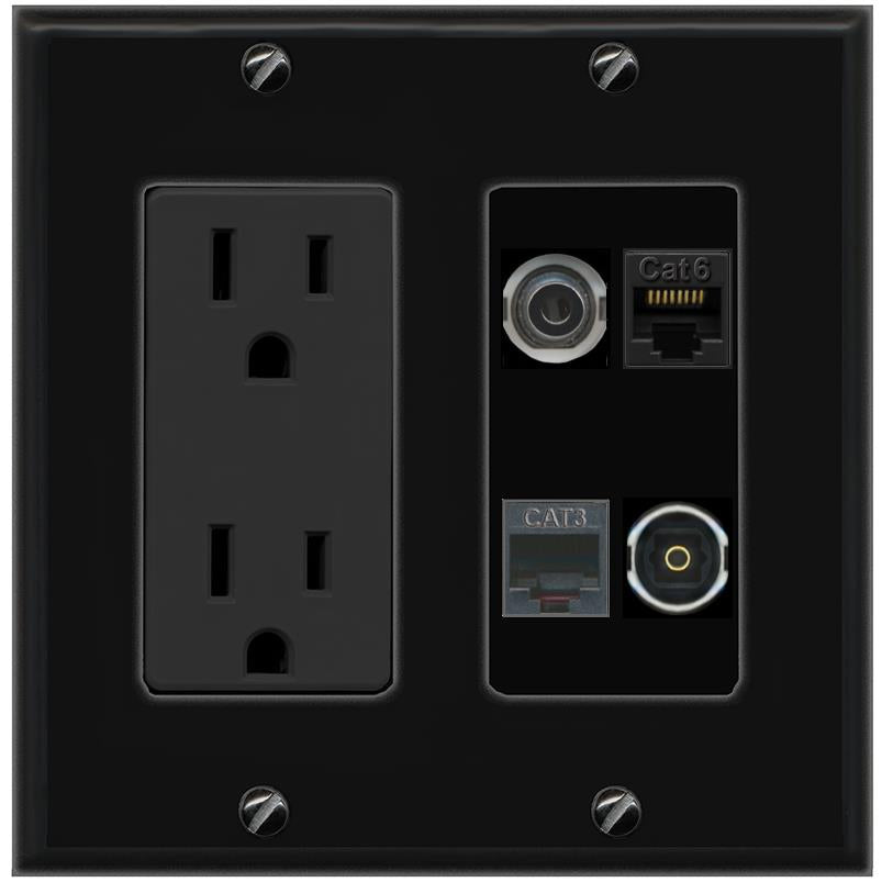 RiteAV 3.5mm CAT6 PHONE TOSLINK Wall Plate with 15A Power Outlet [Black]
