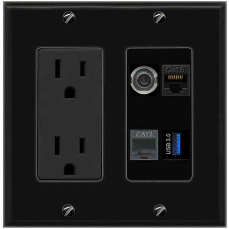 RiteAV 3.5mm CAT6 PHONE USB-3 Wall Plate with 15A Power Outlet [Black]