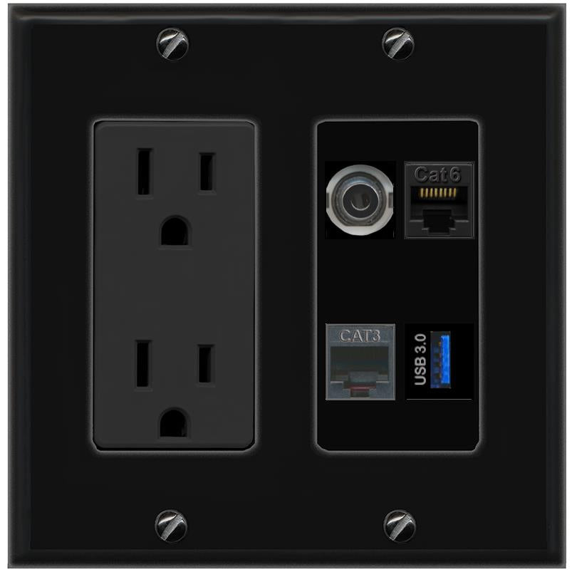 RiteAV 3.5mm CAT6 PHONE USB-3 Wall Plate with 15A Power Outlet [Black]