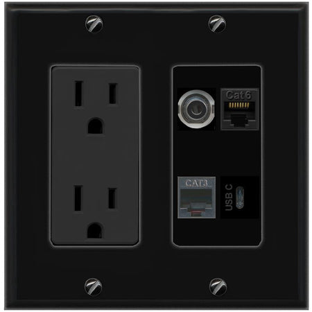 RiteAV 3.5mm CAT6 PHONE USBC Wall Plate with 15A Power Outlet [Black]