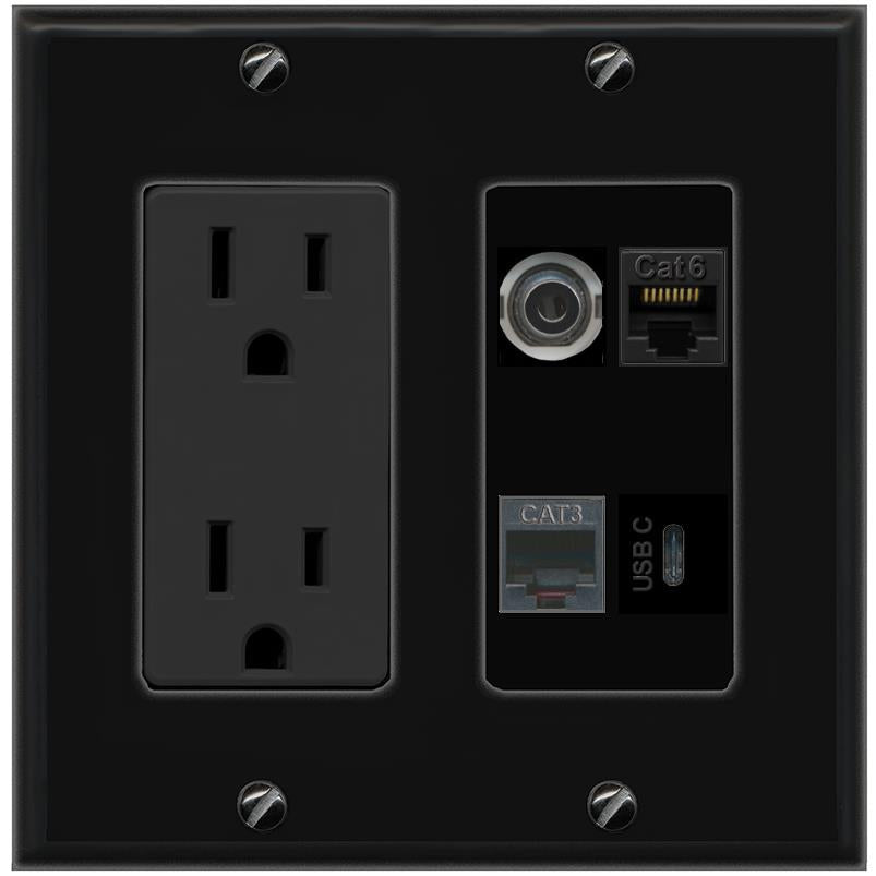 RiteAV 3.5mm CAT6 PHONE USBC Wall Plate with 15A Power Outlet [Black]