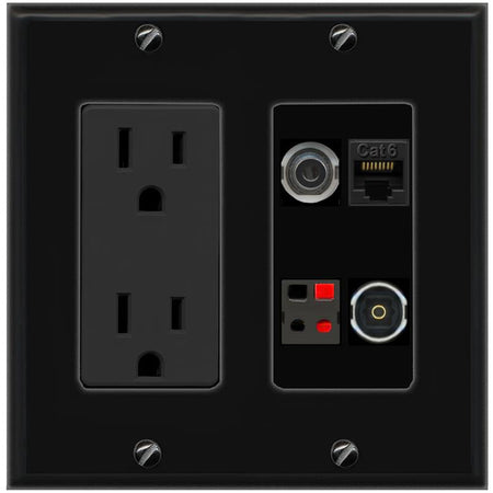 RiteAV 3.5mm CAT6 SPEAKER TOSLINK Wall Plate with 15A Power Outlet [Black]