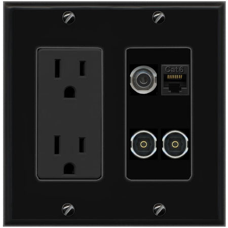 RiteAV 3.5mm CAT6 2 TOSLINK Wall Plate with 15A Power Outlet [Black]