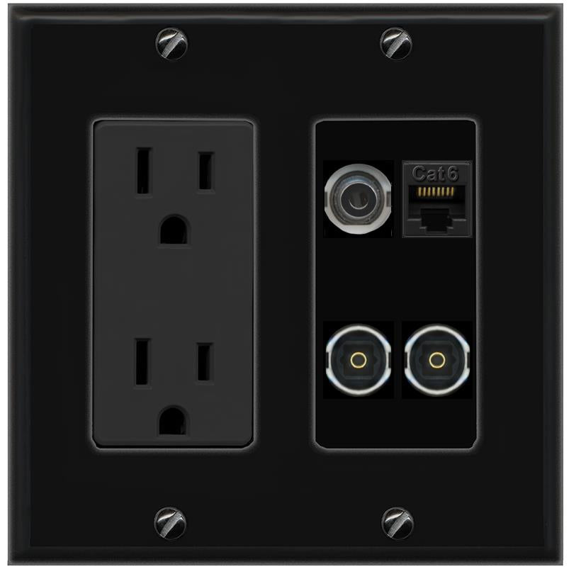 RiteAV 3.5mm CAT6 2 TOSLINK Wall Plate with 15A Power Outlet [Black]