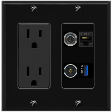 RiteAV 3.5mm CAT6 TOSLINK USB-3 Wall Plate with 15A Power Outlet [Black]