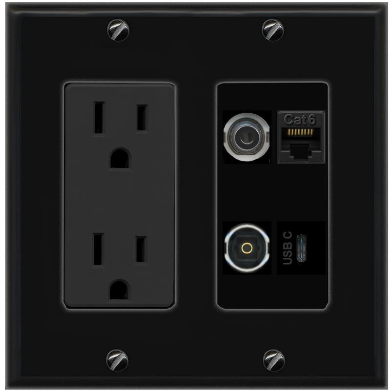 RiteAV 3.5mm CAT6 TOSLINK USBC Wall Plate with 15A Power Outlet [Black]