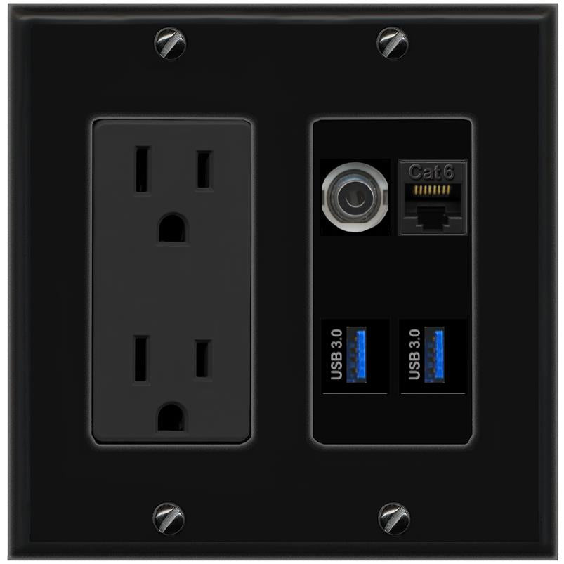 RiteAV 3.5mm CAT6 2 USB-3 Wall Plate with 15A Power Outlet [Black]