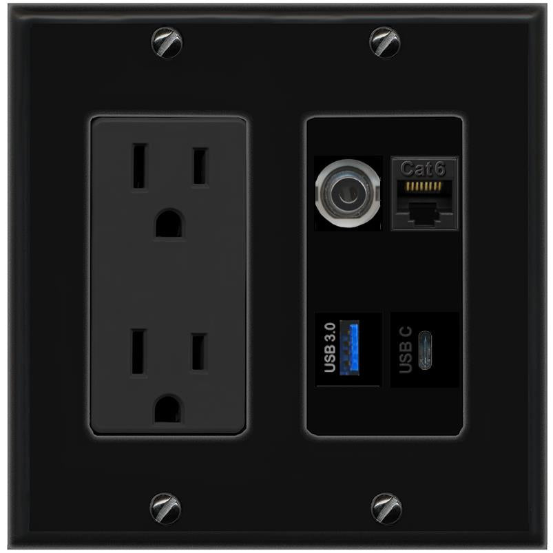 RiteAV 3.5mm CAT6 USB-3 USBC Wall Plate with 15A Power Outlet [Black]