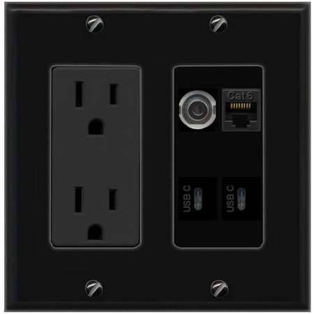 RiteAV 3.5mm CAT6 2 USBC Wall Plate with 15A Power Outlet [Black]