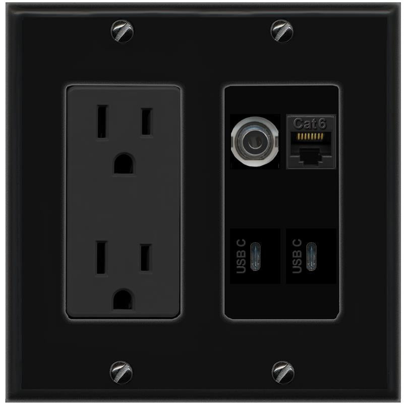 RiteAV 3.5mm CAT6 2 USBC Wall Plate with 15A Power Outlet [Black]