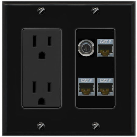 RiteAV 3.5mm 3 CAT7 Wall Plate with 15A Power Outlet [Black]