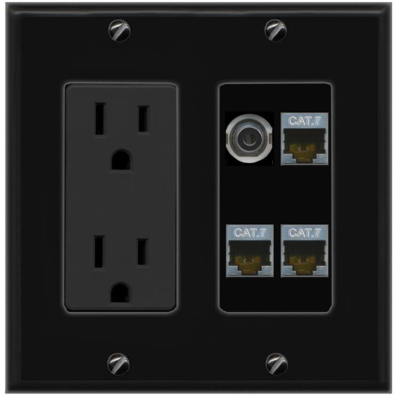 RiteAV 3.5mm 3 CAT7 Wall Plate with 15A Power Outlet [Black]